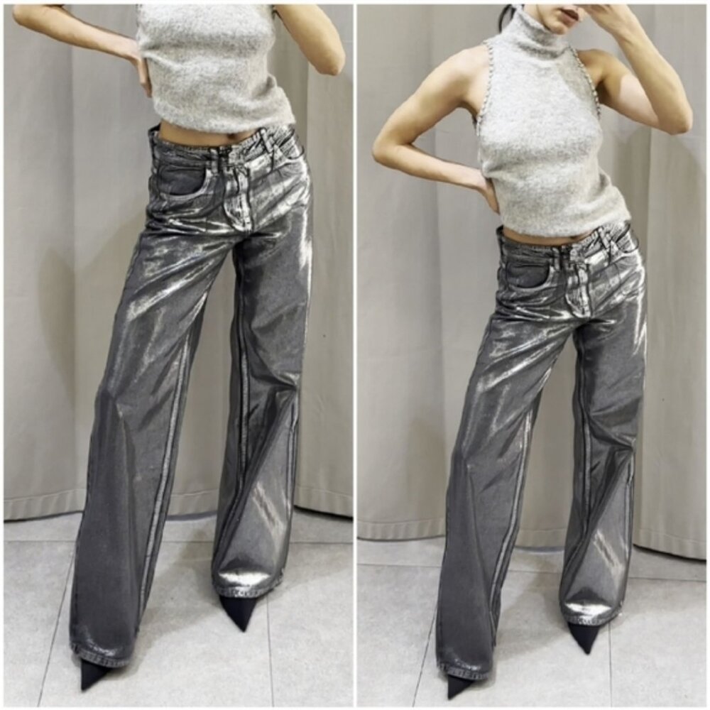 Zara Metallic Foil Straight Cut Jeans